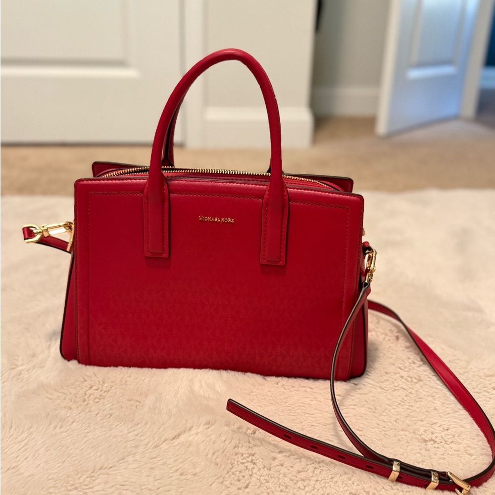 Michael Kors Red Leather Satchel with Gold Hardware